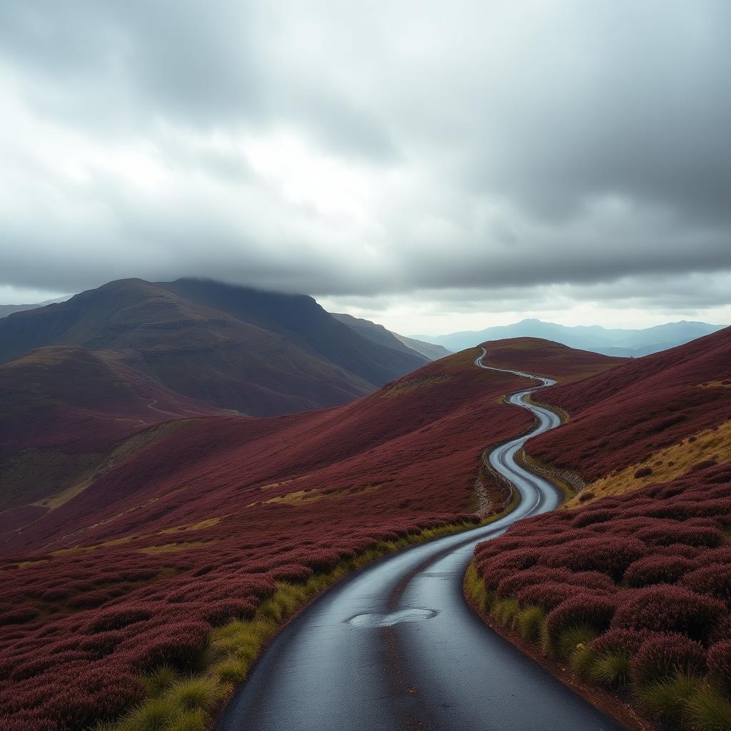 Heather-covered Brecon Beacons with a winding rural road