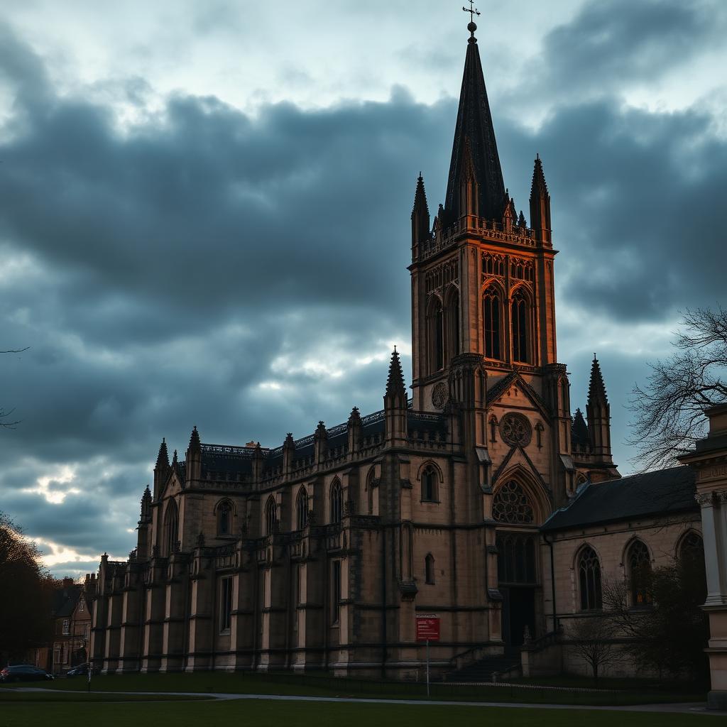 Gloucester Cathedral gothic tower against a moody sky