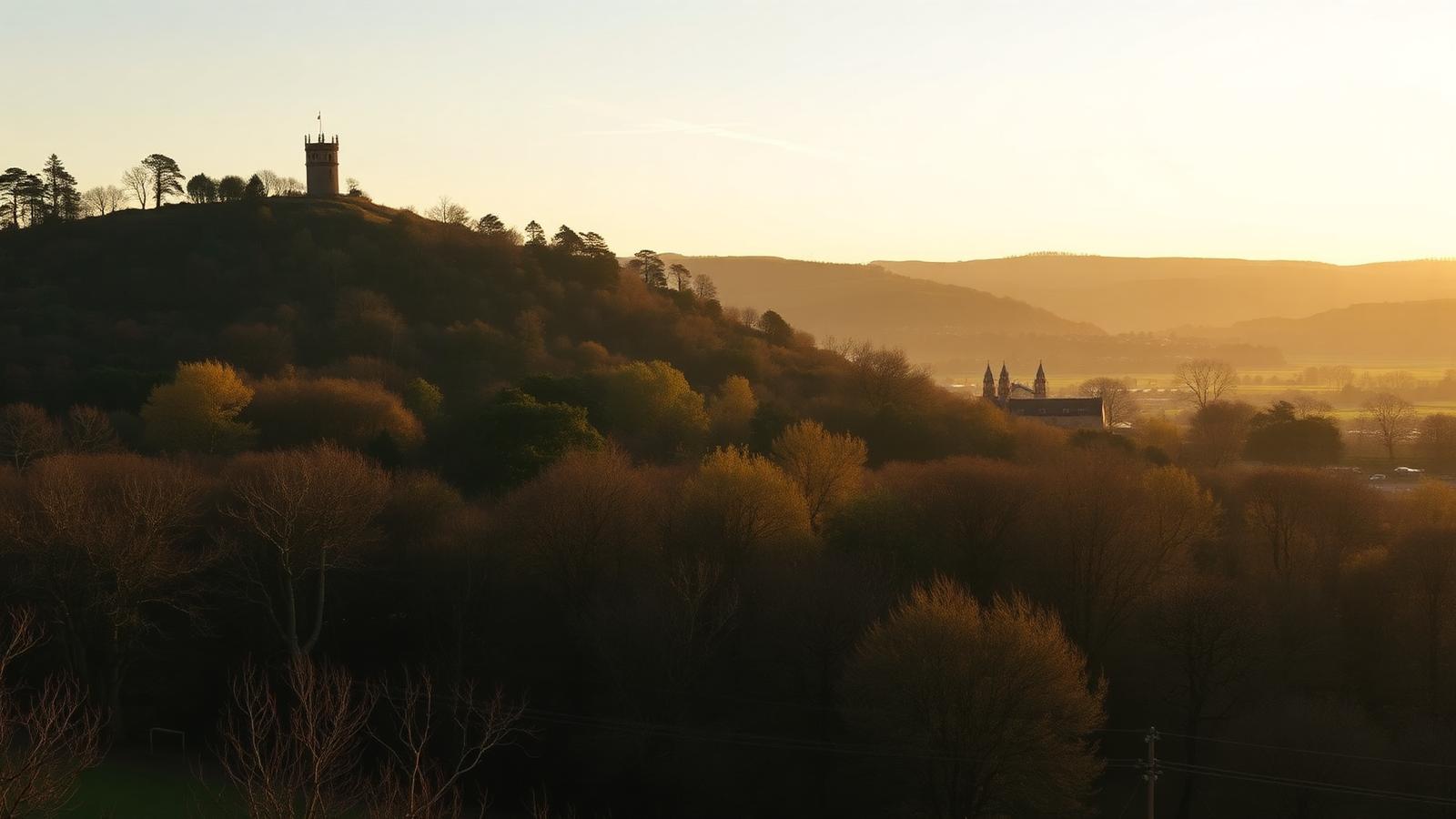 Pontypool Folly Tower on the hillside above the town at golden hour