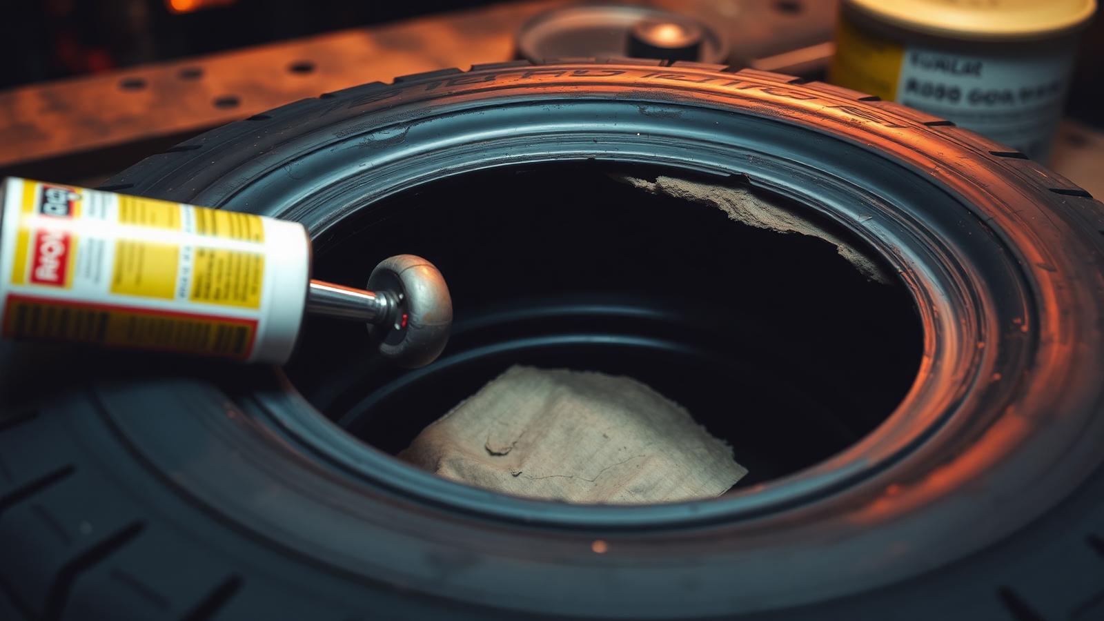 Internal tyre patch repair — vulcanised rubber patch pressed to the inside of a tyre with repair roller and cement